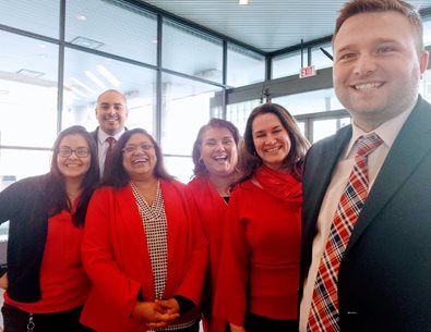 Wearing red for Go Red Day in February is a company tradition.
